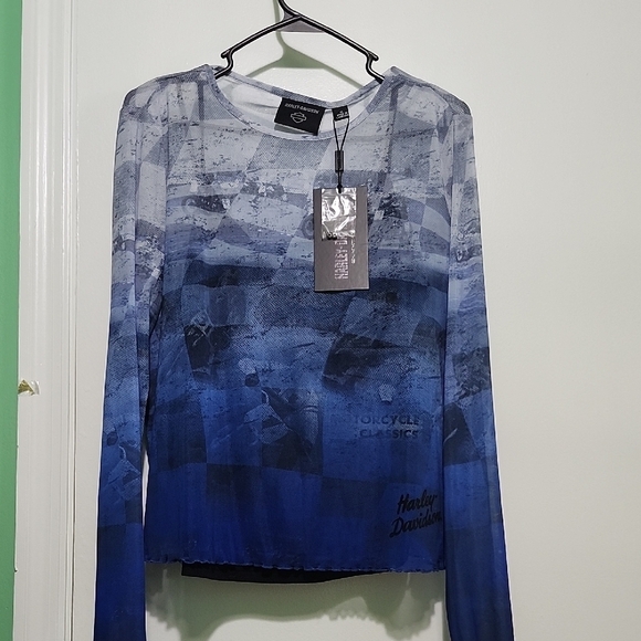 Harley-Davidson Tops - Harley-Davidson Blue Graphic Fitted Long Sleeve Blouse